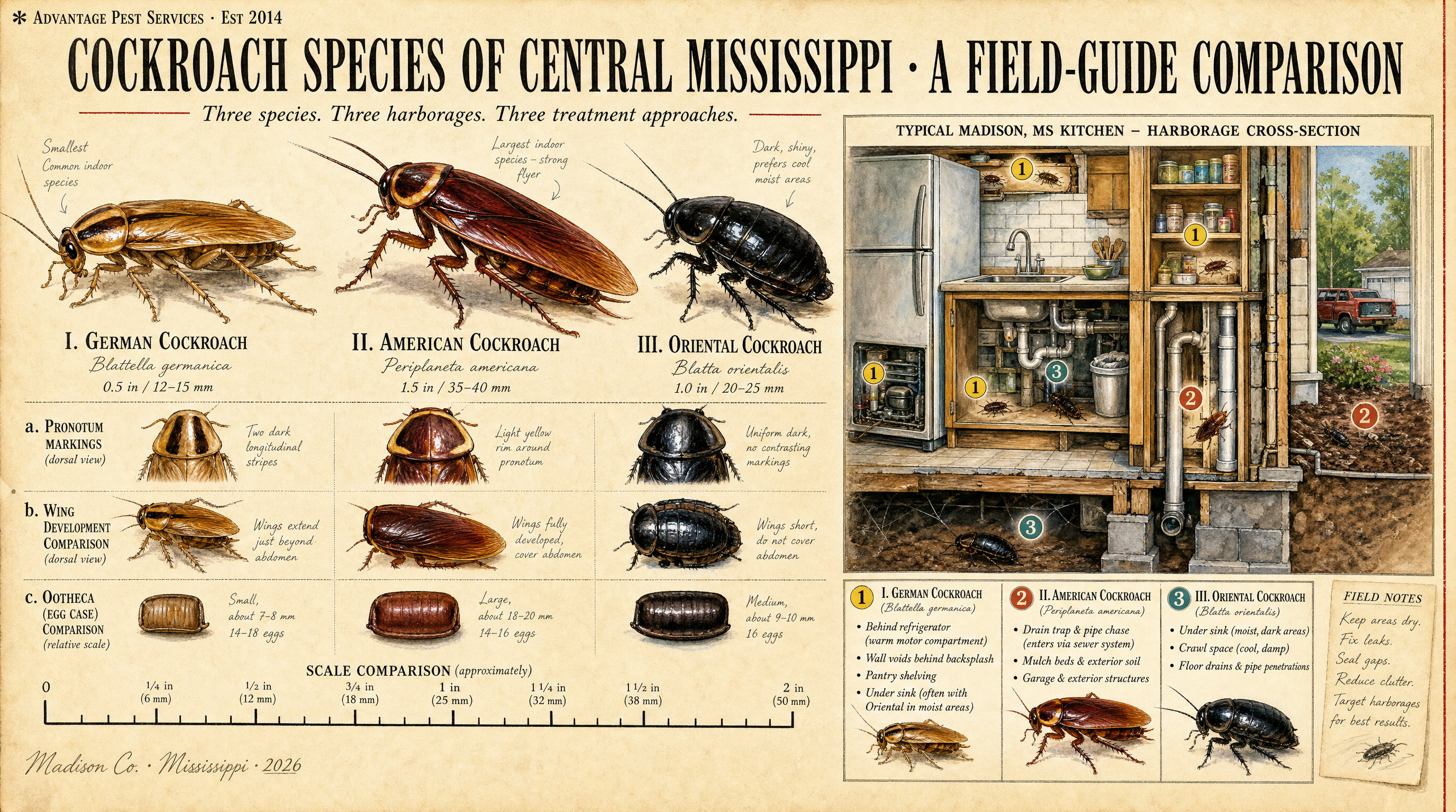 National Geographic style diagram comparing three Mississippi cockroach species at scale (German, American, Oriental) with a kitchen cross-section showing harborage zones