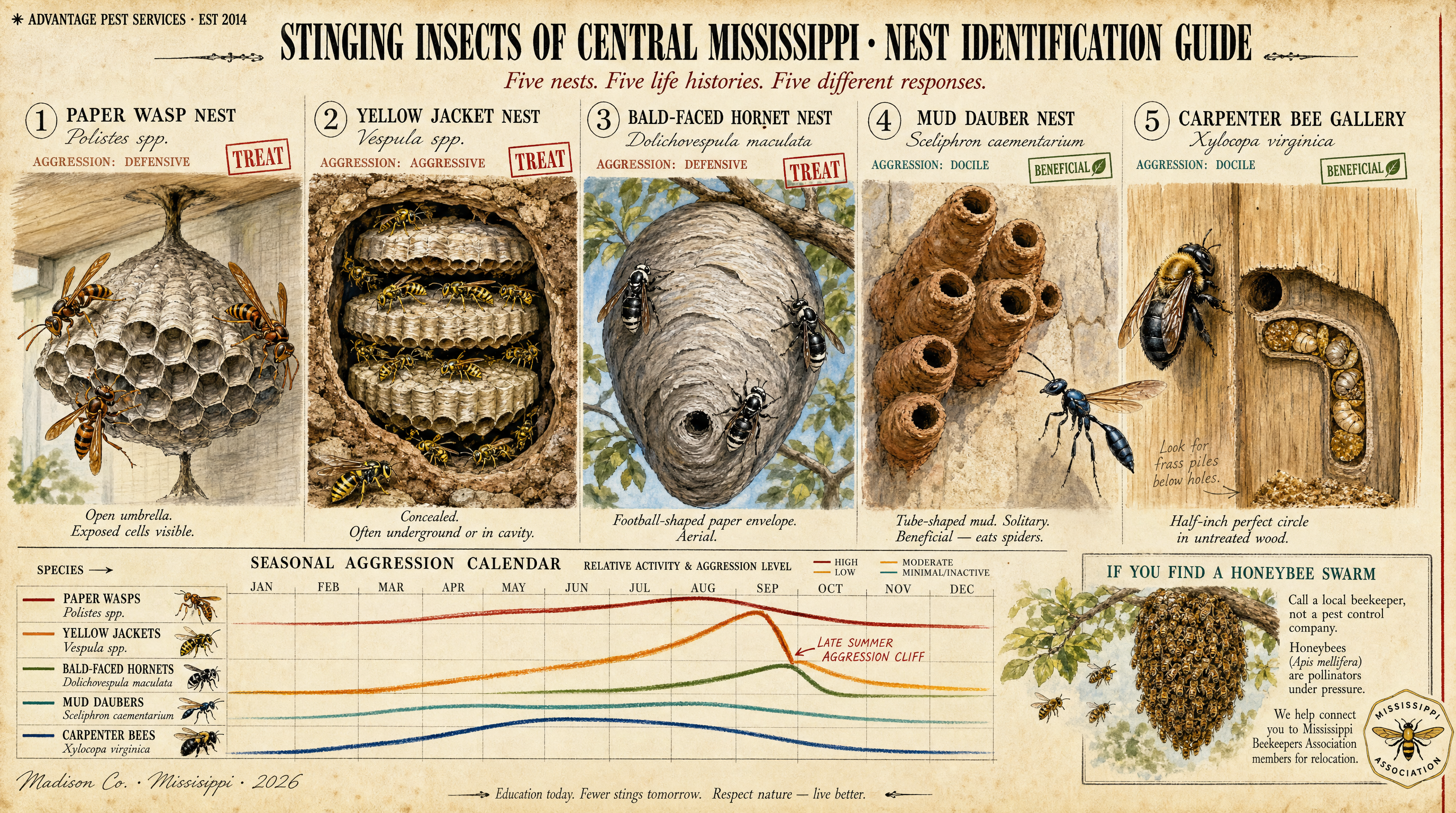National Geographic style diagram showing five stinging insect nest types in Mississippi: paper wasp umbrella, yellow jacket cavity, bald-faced hornet football, mud dauber tube, and carpenter bee gallery, with seasonal aggression calendar