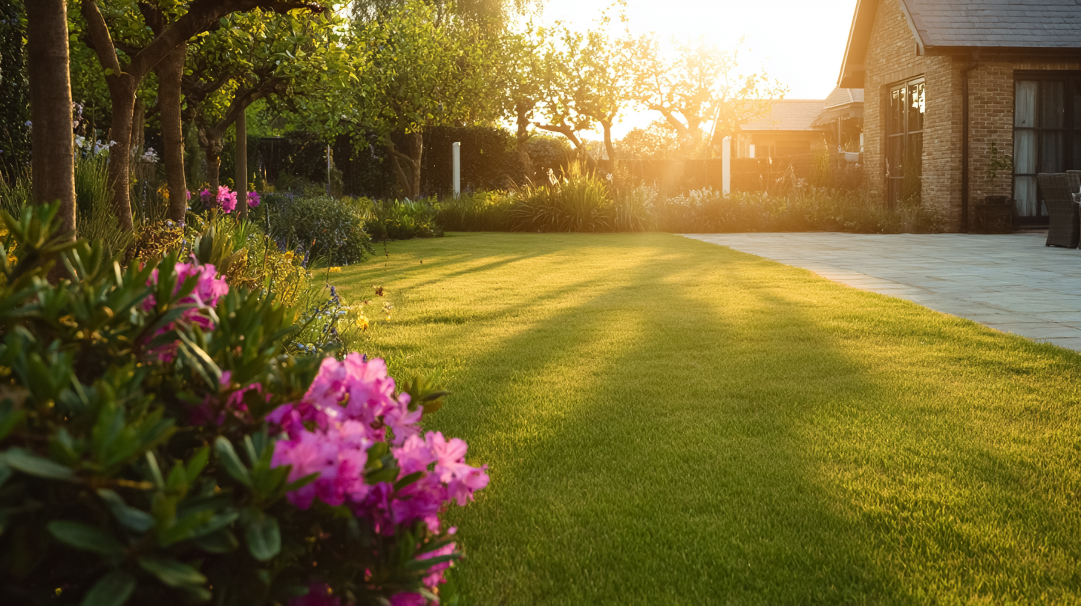 Manicured Mississippi lawn at golden hour with azaleas in bloom and a brick home in the background