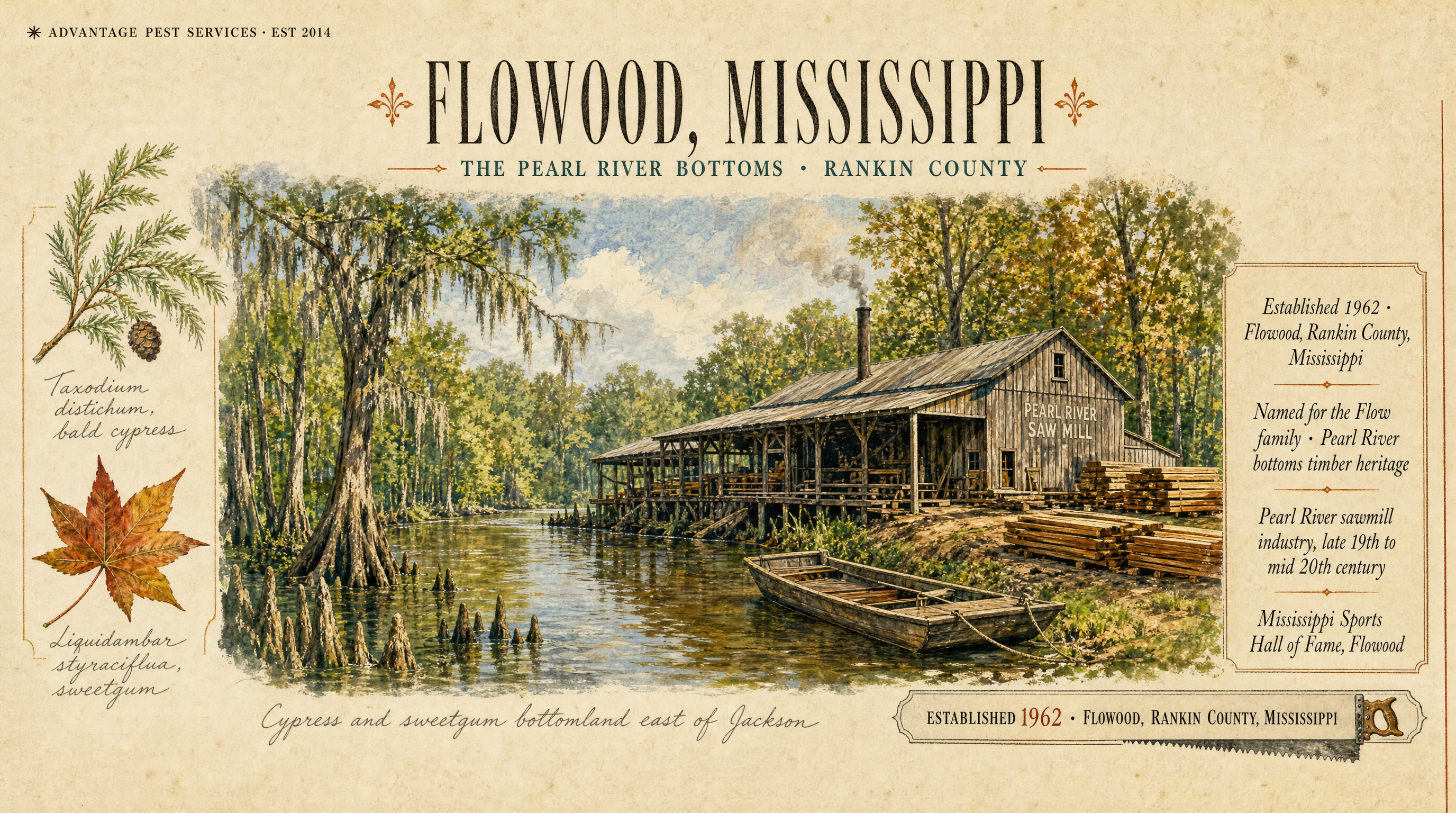 Editorial museum plate of the Pearl River bottoms cypress and sweetgum timberland, the Flow family lumber heritage that gave Flowood Mississippi its name and the ecological anchor of Advantage Pest Services' Flowood route