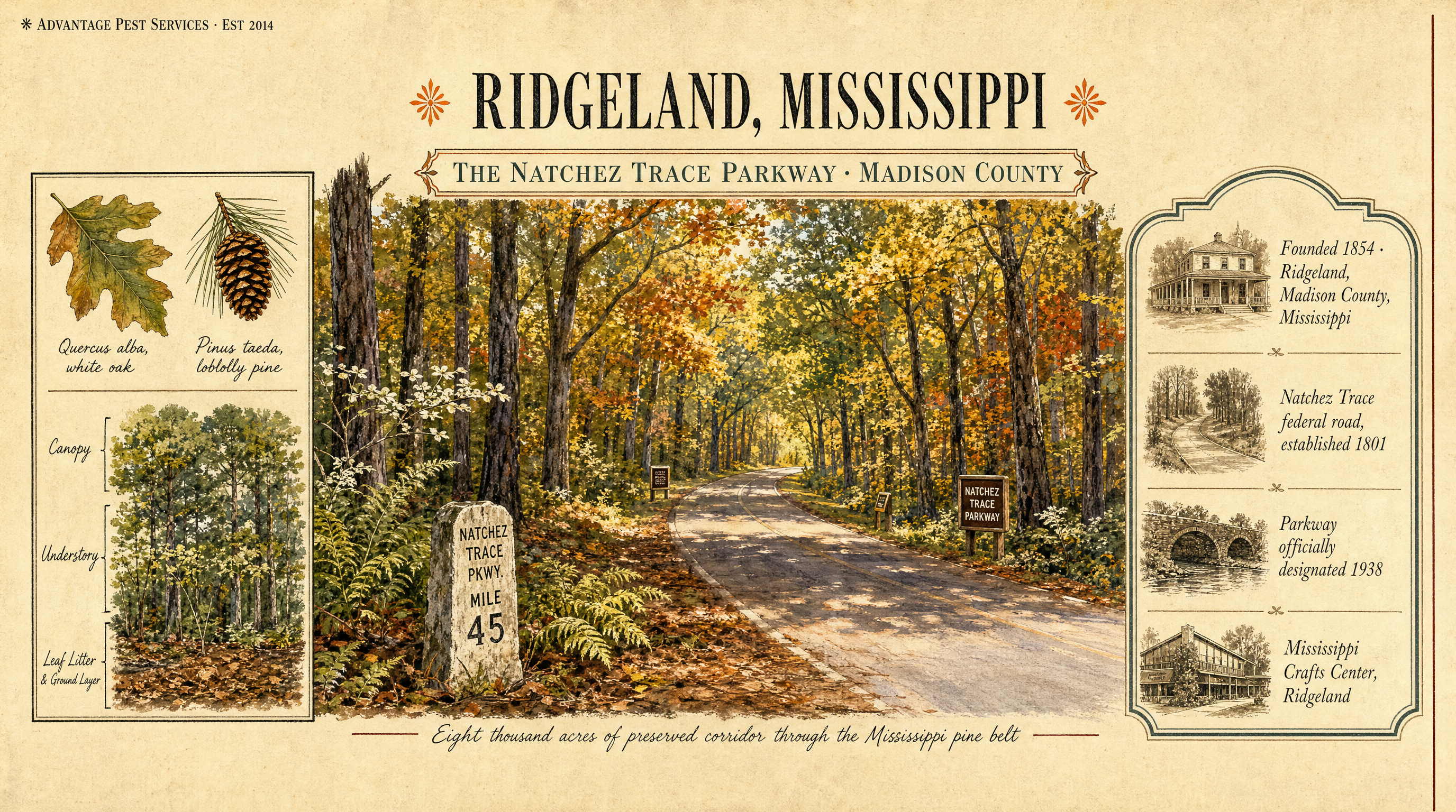 Editorial museum plate of the Natchez Trace Parkway corridor through Ridgeland Mississippi, the pine and hardwood ecosystem that anchors Advantage Pest Services' Ridgeland route